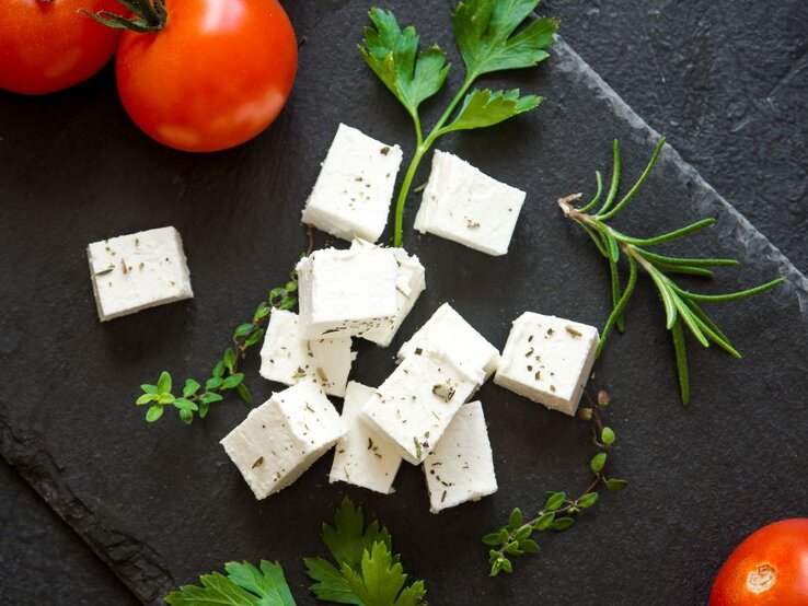 Weiße Feta-Würfel mit Kräutern auf einer dunklen Schieferplatte, umgeben von frischen Tomaten, Petersilie, Rosmarin und Thymian.