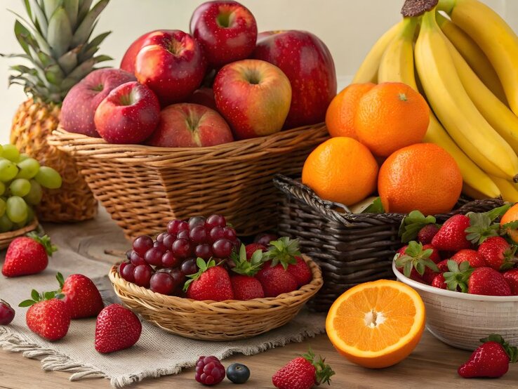 Ein Arrangement von frischem Obst auf einem Tisch, darunter rote Äpfel in einem Flechtkorb, leuchtend gelbe Bananen, saftige Orangen, rote Trauben, grüne Weintrauben, reife Erdbeeren und eine aufgeschnittene Orange. Im Hintergrund ist eine Ananas zu sehen.