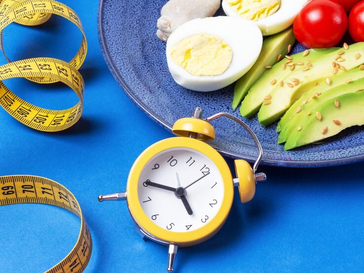 Ein Teller mit gesunden Lebensmitteln wie hartgekochten Eiern, Avocado-Scheiben mit Samen und Kirschtomaten, daneben ein gelber Wecker und ein Maßband auf einem blauen Hintergrund – Darstellung von Intervallfasten und gesunder Ernährung.