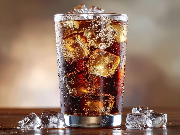 Glas mit Cola und Eiswürfeln auf einem Tisch vor einem braunen Hintergrund.