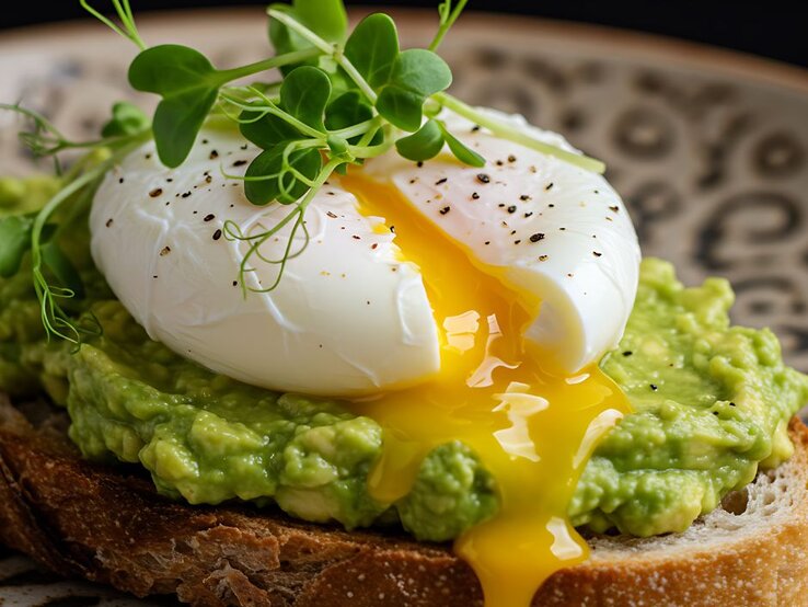 Ein geröstetes Vollkornbrot, belegt mit cremigem Avocado-Püree und einem perfekt pochierten Ei, aus dem flüssiges Eigelb herausläuft. Frische grüne Sprossen garnieren das Gericht, das auf einem verzierten Teller serviert wird. | © pixabay/ Thiagoleith via Canva.com