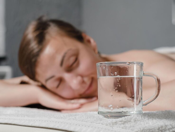 Eine Frau liegt antspannt auf einer Massageliege. Im Vordergrund ein Glas Wasser