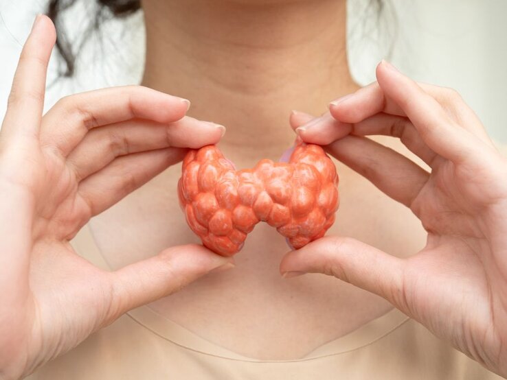 Frau hält ein Modell einer Schilddrüse vor ihren Hals, um Schilddrüsenfunktion und gesundheitliche Probleme im Halsbereich zu veranschaulichen.