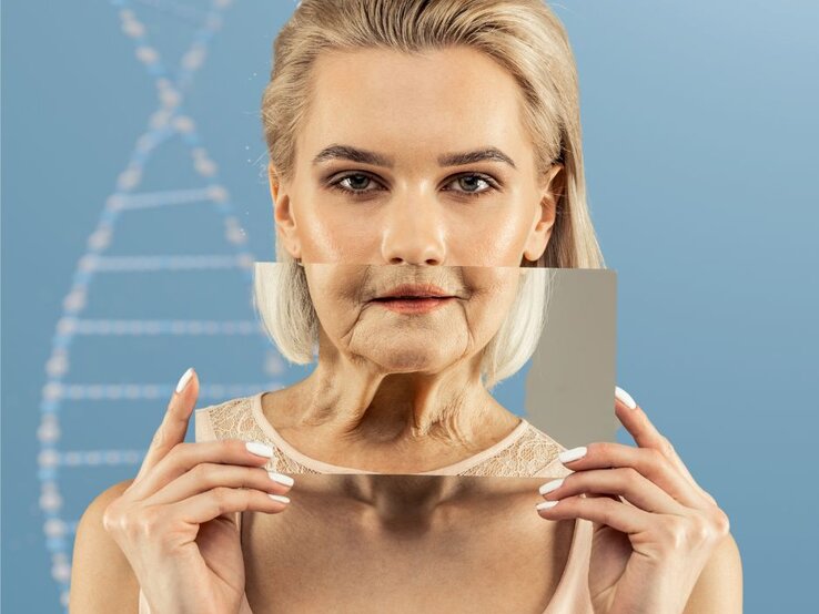 Eine Frau mit blondem Haar hält einen rechteckigen Spiegel vor ihr Gesicht. Der Spiegel zeigt ihr gealtertes Spiegelbild mit Falten und schlaffer Haut, während ihr tatsächliches Gesicht jugendlich und glatt wirkt. Im Hintergrund ist schemenhaft eine DNA-Doppelhelix zu sehen.