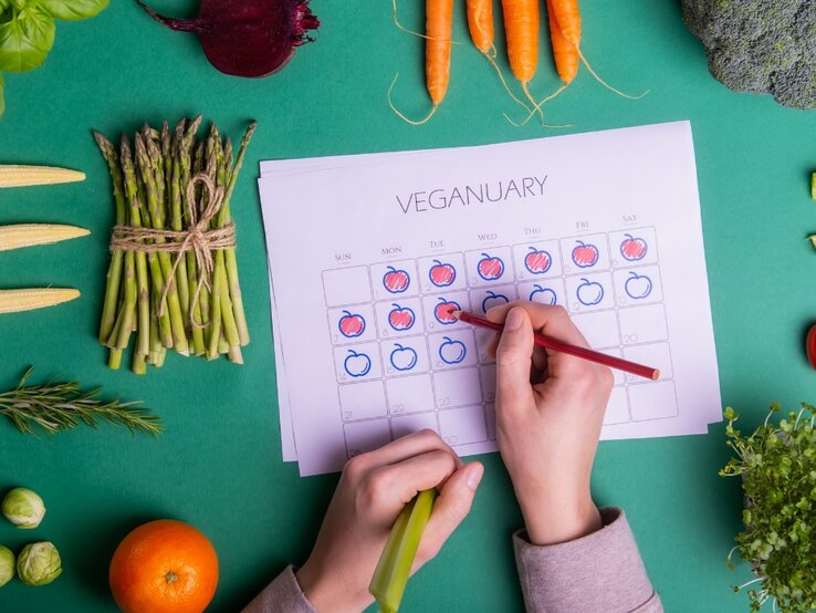 Ein Kalenderblatt mit der Aufschrift „Veganuary“ liegt auf einem grünen Hintergrund, umgeben von frischem Gemüse wie Karotten, Brokkoli, Paprika, Basilikum, Spargel und kleinen Tomaten. Eine Person markiert mit einem roten Stift einen Tag auf dem Kalender. Der Fokus liegt auf einer gesunden und veganen Ernährung.