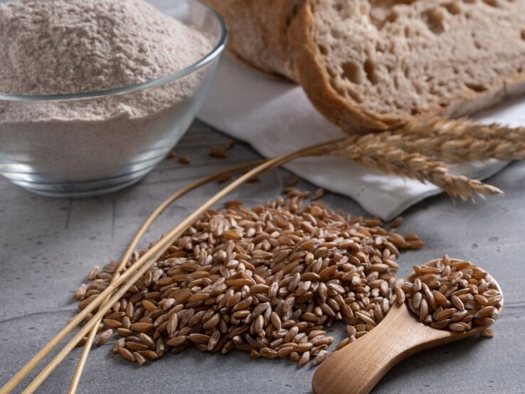 Schüssel mit Mehl, daneben Brot und Dinkel-/Weizenkörner auf dem Tisch. | © Getty Images/ Angelina Panaeva via Canva.com