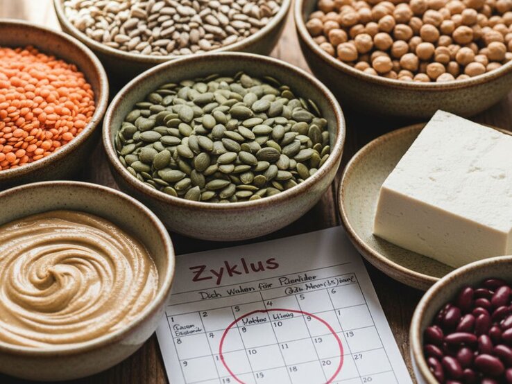 Schalen mit eisenreichen Lebensmitteln – rote Linsen, Sonnenblumenkerne, Kichererbsen, Kürbiskerne, Tahini, Tofu und Kidneybohnen – daneben ein Kalenderblatt mit rot markiertem Zyklus.
