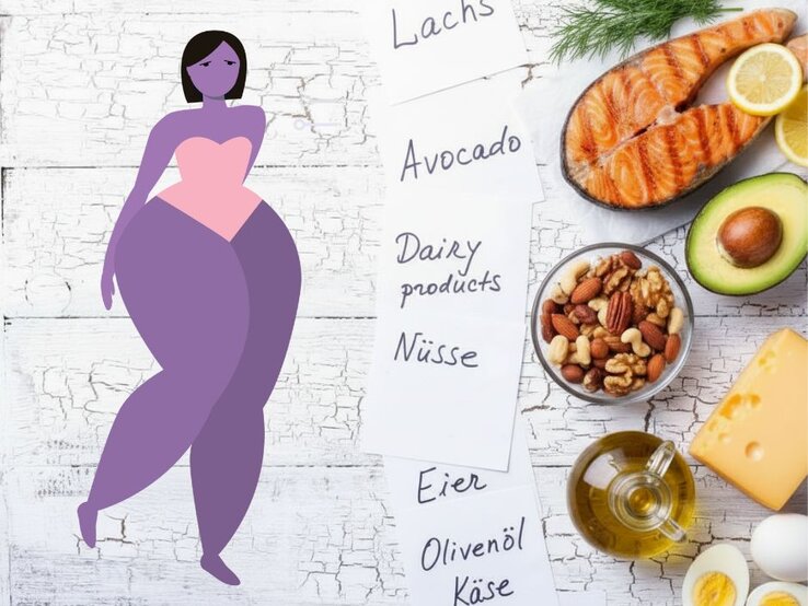 Illustration einer Frau mit betonten Hüften und Beinen; rechts ein Flatlay mit Lachs, Avocado, Nüssen, Käse, Eiern und Olivenöl sowie Zetteln.