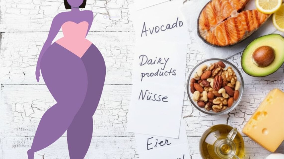 Illustration einer Frau mit betonten Hüften und Beinen; rechts ein Flatlay mit Lachs, Avocado, Nüssen, Käse, Eiern und Olivenöl sowie Zetteln.