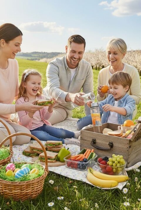 Eine Familie sitzt bei einem Picknick auf einer Wiese. Auf einer Decke liegen Sandwiches, Obst, Gemüse, Getränke und zwei Osterkörbe mit bunten Eiern. Im Hintergrund blühen Bäume und der Himmel ist blau mit wenigen Wolken. Alle Personen sind entspannt und genießen gemeinsam das Essen im Freien.