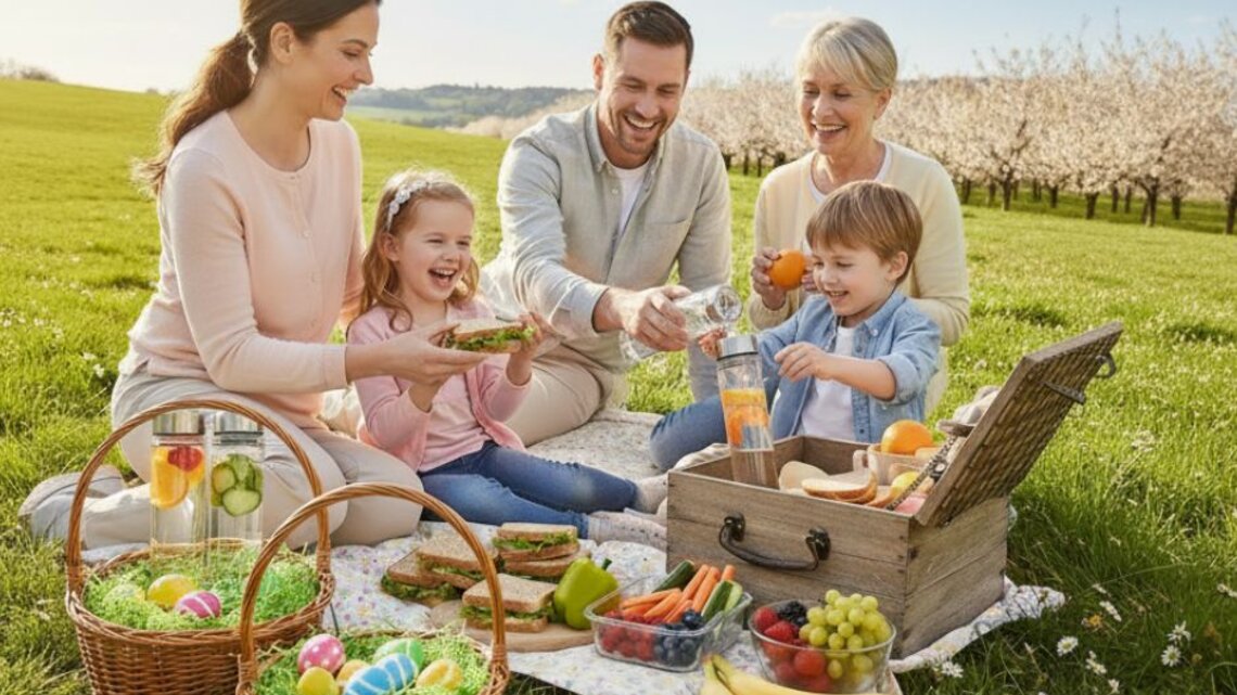 Eine Familie sitzt bei einem Picknick auf einer Wiese. Auf einer Decke liegen Sandwiches, Obst, Gemüse, Getränke und zwei Osterkörbe mit bunten Eiern. Im Hintergrund blühen Bäume und der Himmel ist blau mit wenigen Wolken. Alle Personen sind entspannt und genießen gemeinsam das Essen im Freien.