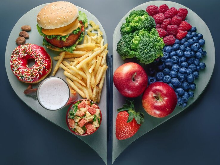 Herzförmige Platte, links mit Burger, Pommes, Donut, Süßigkeiten und Milchshake; rechts mit Brokkoli, Beeren, Äpfeln und Erdbeeren – klarer Kontrast zwischen stark verarbeiteten und frischen, nährstoffreichen Lebensmitteln.