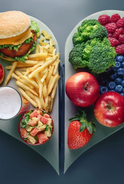 Herzförmige Platte, links mit Burger, Pommes, Donut, Süßigkeiten und Milchshake; rechts mit Brokkoli, Beeren, Äpfeln und Erdbeeren – klarer Kontrast zwischen stark verarbeiteten und frischen, nährstoffreichen Lebensmitteln.