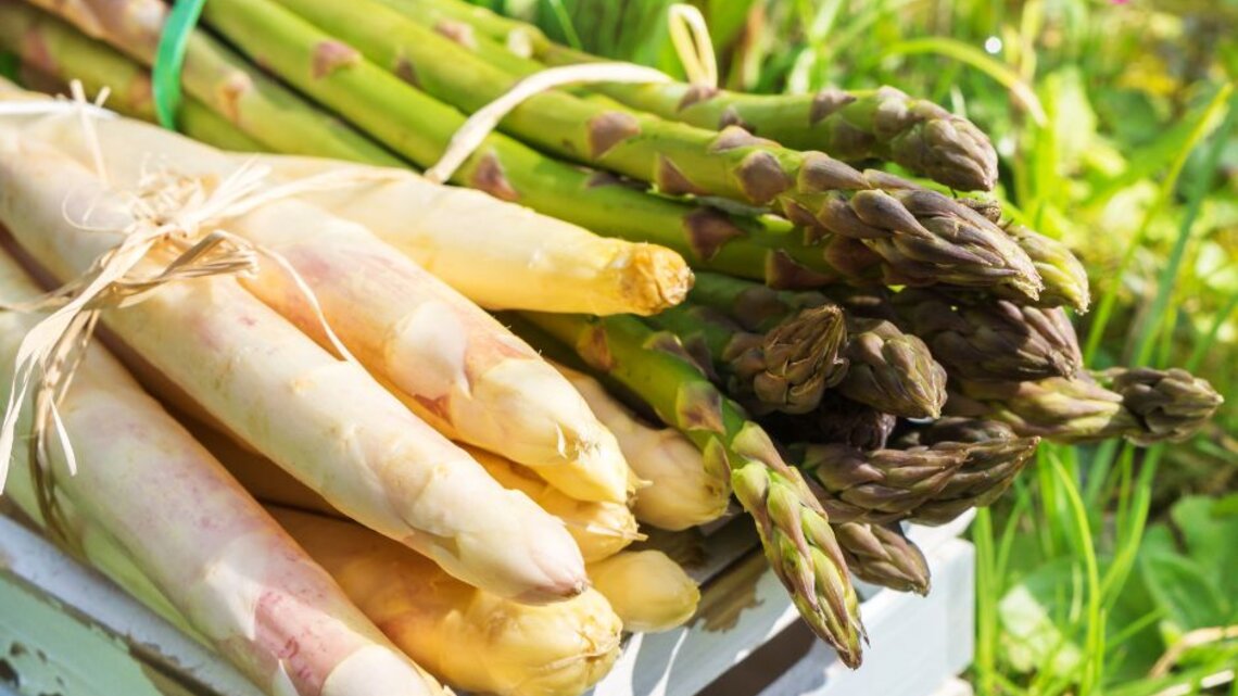 Bund weißer und grüner Spargel auf einer Holzkiste im sonnigen Garten. Ausführlich: Bündel weißer und grüner Spargelstangen liegen auf einer rustikalen Holzkiste im Freien, warmes Sonnenlicht und grüner Hintergrund.