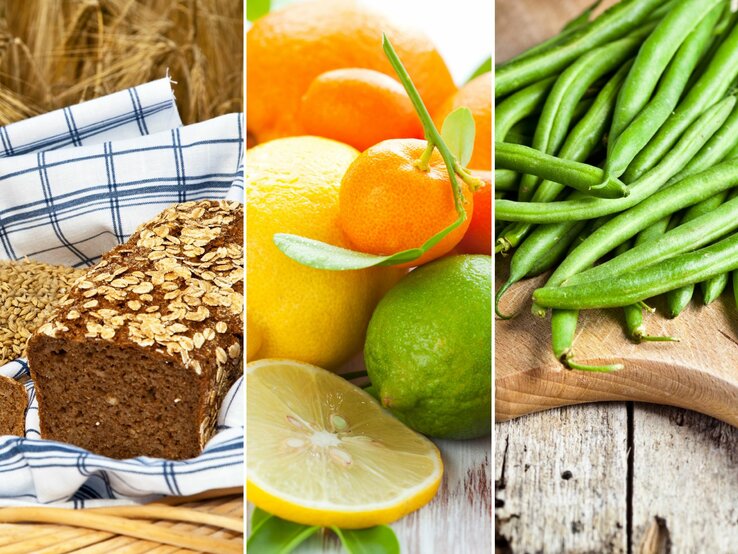 Collage von einem Brotkorb mit dunklem Brot, verschiedenen Zitrusfrüchten und einem Holzbrett auf dem grüne Bohnen liegen.