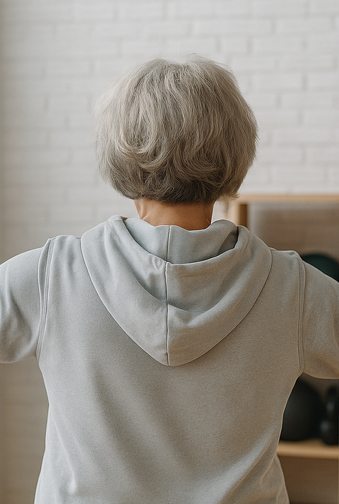 Ältere Frau mit grauem Haar hebt zwei Hanteln in einem hellen Fitnessraum mit Regal und großen Fenstern im Hintergrund.