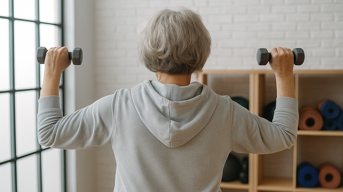 Ältere Frau mit grauem Haar hebt zwei Hanteln in einem hellen Fitnessraum mit Regal und großen Fenstern im Hintergrund.