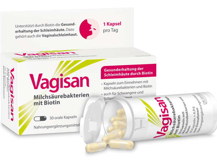 Vagisan Milchsäurebakterien mit Biotin unterstützen den Erhalt einer gesunden Scheidenflora – für ein natürliches Gleichgewicht von innen. | © Dr. Wolff Vagisan Produktbild Vagisan Milchsäurebakterien mit Biotin | © Dr. Wolff Vagisan