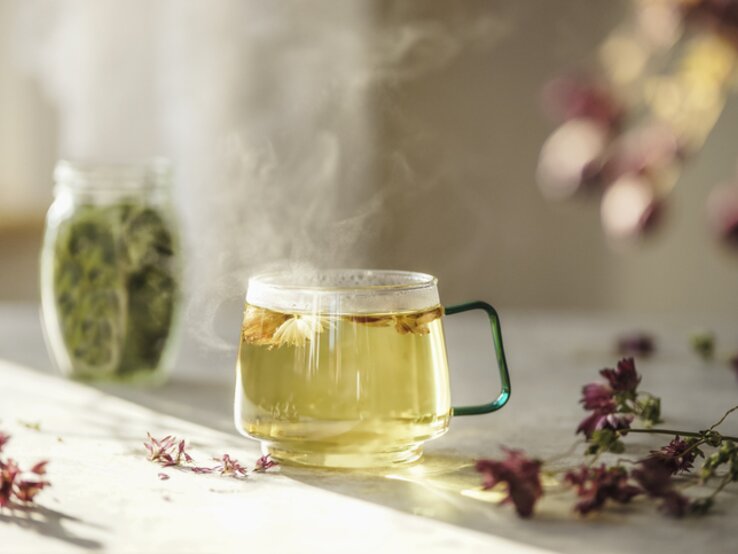 Frisch aufgebrühter Kräutertee in einer Glastasse auf dem Küchentisch.