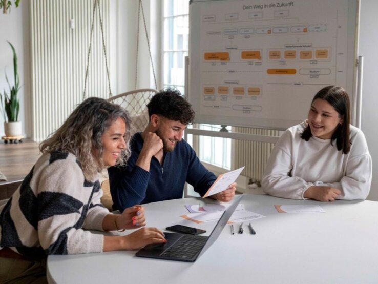 Donya Golafshans "Mut Academy" | © GOLDENE BILD der FRAU Drei junge Erwachsene sitzen lachend an einem Konferenztisch, vor ihnen Laptop, Karten und Stifte, im Hintergrund ein Flipchart. | © GOLDENE BILD der FRAU