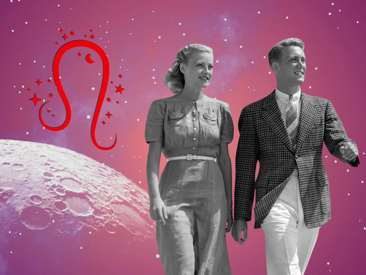 05-liebeshoroskop-loewe.webp Liebeshoroskop für das Sternzeichen Löwe: llustration eines Paares vor einem pink-lilafarbenen Weltraumhintergrund mit Sternenhimmel und Mond. Links im Bild ist das rote Symbol Tierkreiszeichens Löwe.