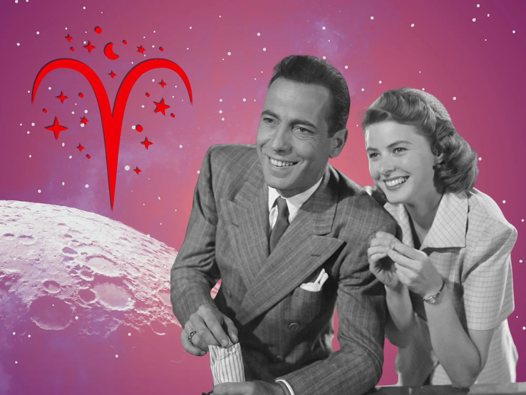 01-liebeshoroskop-widder.webp Liebeshoroskop Sternzeichen Widder: llustration eines Paares vor einem pink-lilafarbenen Weltraumhintergrund mit Sternenhimmel und Mond. Links im Bild ist das rote Symbol Tierkreiszeichens Widder.