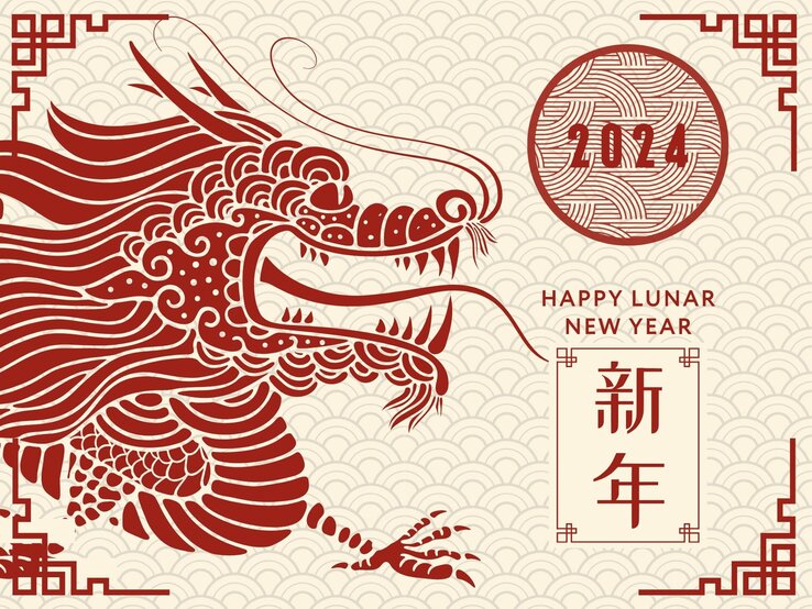 Zeichnung eines chinesischen Drachen, chinesische Schriftzeichen und die Jahreszahl 2024 zum chinesischen Neujahrsfest.