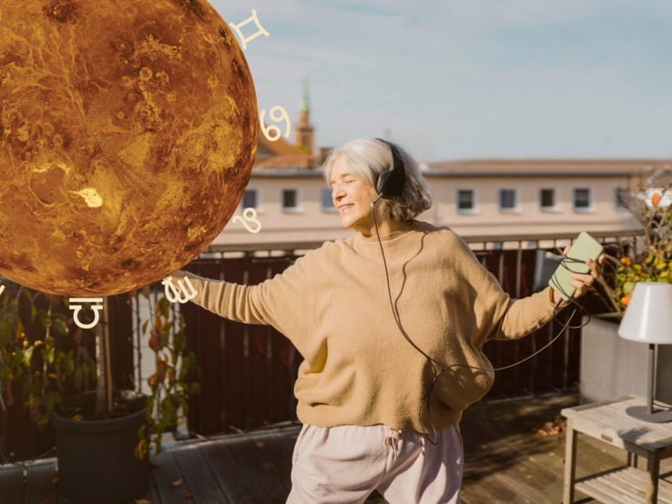 Frau die tanzt mit astrologischen Zeichen 