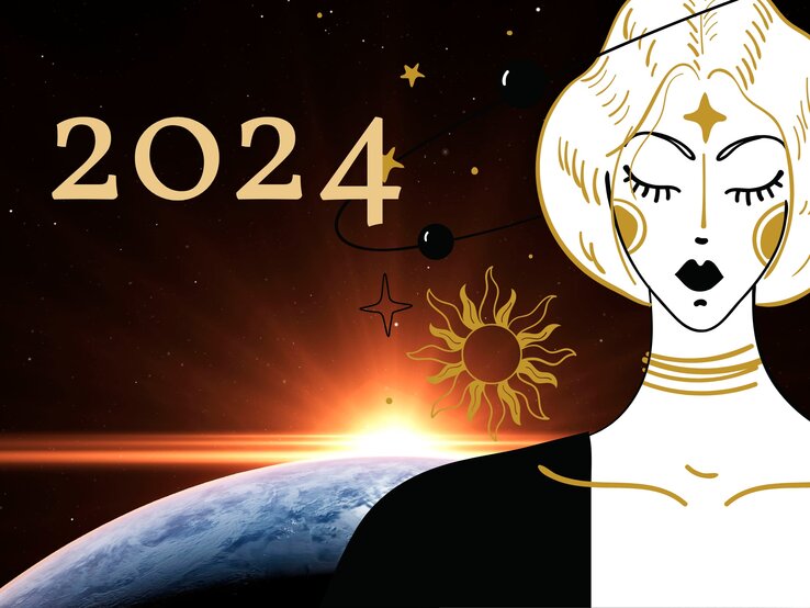 Grafik einer Frau, die von Sternen und der Sonne umgeben ist in den Farben Schwarz, Braun und Weiß. Im Hintergrund ist der Weltraum zu sehen und wie die Sonne gerade hinter der Erde aufgeht. Außerdem ist die Jahreszahl 2024 zu sehen. 