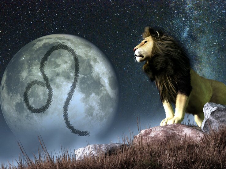 Ein dramatisches Bild, das astrologische Symbole mit der natürlichen Welt verbindet, zeigt einen majestätischen Löwen, der stolz auf einem Felsvorsprung steht. Im Hintergrund erstrahlt ein riesiger Vollmond, auf dem das Symbol des Sternzeichens Löwe – ein geschwungenes "U" mit einem geschwungenen Schwanz – in dunklen Flecken zu sehen ist. Der Löwe blickt in die Ferne, als würde er über sein Reich wachen, das von einem sternenklaren Himmel überspannt wird, welcher die Verbindung zwischen der Astrologie und der natürlichen Welt des Löwen symbolisiert.