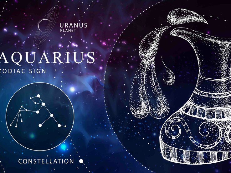 Das Sternzeichen Wassermann als weiße Grafik vor dunkelblauem Hintergrund, der an das Universum erinnert. Daneben ebenfalls gezeichnet der Planetenherrscher Uranus und das Sternbild Wassermann.