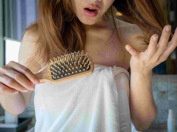 Nahaufnahme einer besorgten Frau, die einen Kamm hält und Haarausfall nach dem Bürsten ihrer Haare feststellt.