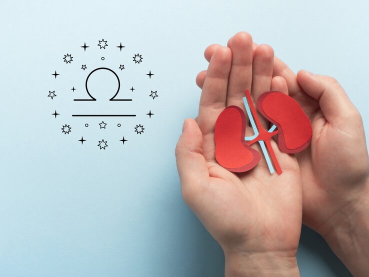 gesundheit-waage Das Bild zeigt zwei Hände, die ein Modell von roten Nieren aus Papier halten. Links daneben ist das astrologische Symbol für Waage (Libra) abgebildet, umgeben von kleinen Sternen. Der Hintergrund ist hellblau, was dem Bild eine beruhigende und klare Atmosphäre verleiht.