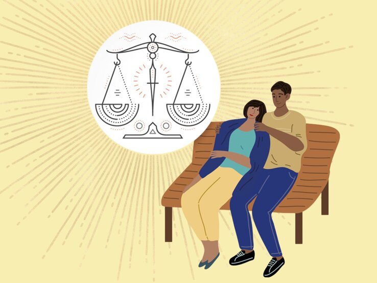 achtsamkeit-waage.jpg Das Bild zeigt eine Illustration eines Paares, das entspannt auf einer Bank sitzt. Der Mann legt seinen Arm um die Frau, die sich an ihn anlehnt, was eine ruhige und harmonische Stimmung vermittelt. Im Hintergrund ist eine große Sonne mit strahlenden Linien zu sehen, und in der Mitte des Bildes befindet sich eine Waage, das astrologische Symbol des Sternzeichens Waage. Die Szene suggeriert Gleichgewicht, Harmonie und Achtsamkeit, passend zum Thema der Balance im Leben, das für das Sternzeichen Waage von Bedeutung ist.