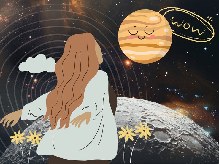 astro-kolumne-4-jupiter-im-krebs.jpg Illustration einer Frau mit langen, rötlich-braunen Haaren, die im Weltraum steht und zum Planeten Jupiter blickt, der mit einem lächelnden Gesicht und der Sprechblase „Wow“ dargestellt ist. Im Vordergrund sind gelbe Blumen und eine graue Mondoberfläche zu sehen, im Hintergrund funkelt ein Sternenhimmel mit Spiralformen.