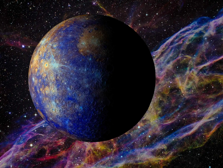 Der Planet Merkur schwebt halb im Schatten vor einer bunten, leuchtenden Sternen- und Nebelwolke im All – Symbolbild für den rückläufigen Merkur in der Astrologie.
