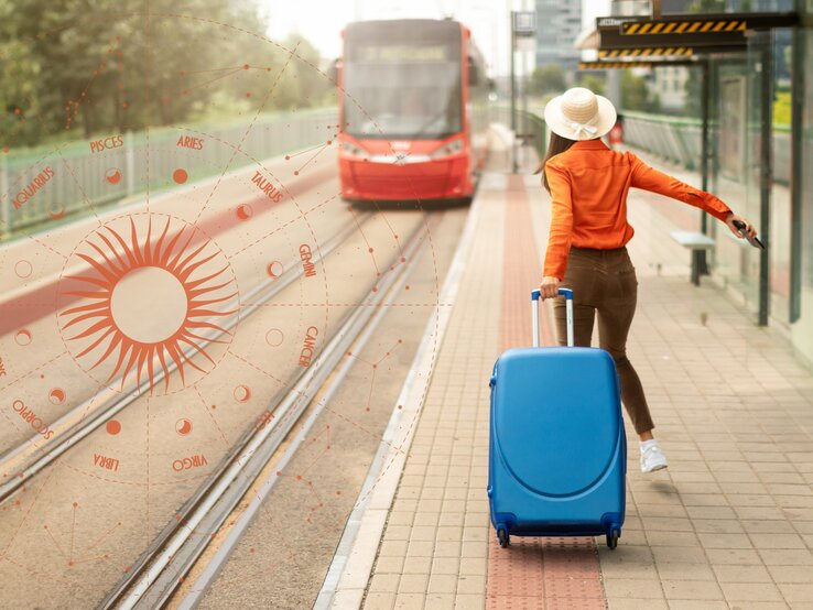 Eine Frau mit Rollkoffer auf dem Bahnsteig läuft einem wegfahrenden Zug hinterher.