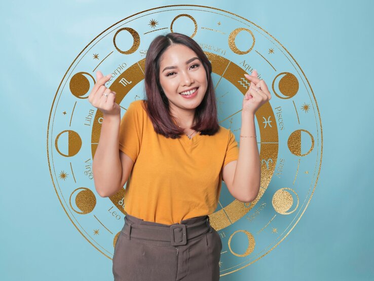 Attraktive junge asiatische Frau fühlt sich glücklich und romantisch Formen Herzgeste drückt zärtliche Gefühle aus trägt lässiges gelbes T-Shirt vor blauem Hintergrund.