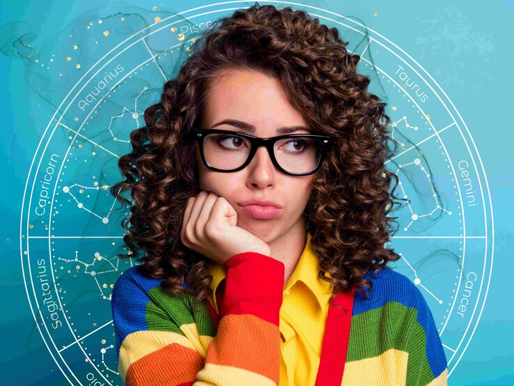 Nachdenkliche Frau mit lockigem Haar und bunter Strickjacke, umgeben von astrologischen Symbolen und Sternbildern vor einem blauen Hintergrund.