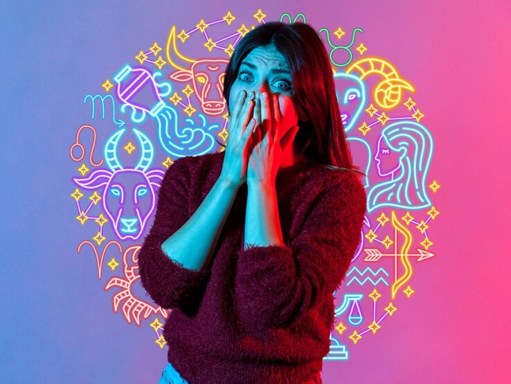 Eine Frau mit langen Haaren hält ihre Hände vor ihr Gesicht und schaut überrascht oder erschrocken. Sie trägt einen dunkelroten Pullover. Der Hintergrund ist in leuchtenden Blau- und Pinktönen gehalten und zeigt neonartige Symbole der zwölf Sternzeichen.