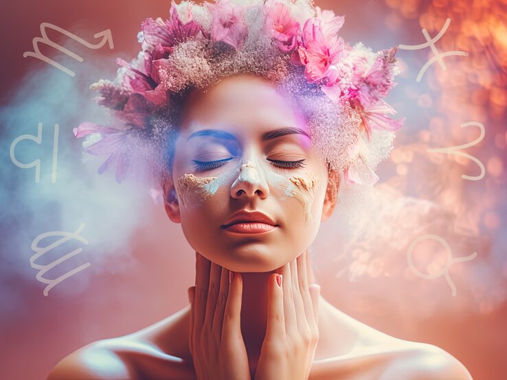 Eine junge Frau mit geschlossenen Augen und entspanntem Gesichtsausdruck trägt einen Blumenkranz aus rosa Blüten auf ihrem Kopf. Ihr Gesicht ist kunstvoll mit weißen und goldenen Farbelementen bemalt. Sie hält ihre Hände sanft an ihren Hals. Der Hintergrund ist in weichen Pastellfarben gehalten und zeigt einen verträumten, nebligen Effekt. Um sie herum sind astrologische Symbole in einem dezenten Beige-Ton verteilt, was eine mystische und spirituelle Atmosphäre schafft.