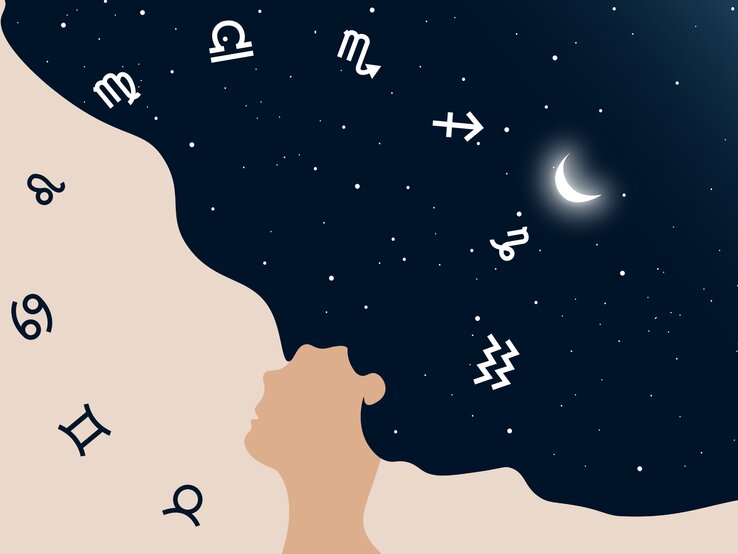 Eine stilisierte Illustration zeigt das Profil einer Person, deren Haar in den Nachthimmel übergeht, der mit Sternen übersät ist. Um den Kopf herum sind astrologische Symbole der Tierkreiszeichen verteilt, und am Himmel leuchtet eine schmale Mondsichel. Die dunkle Sternennacht kontrastiert mit dem hellen Hautton der Person, was eine Verbindung zwischen dem menschlichen Geist und dem Universum darstellt. Die Szene vermittelt ein Gefühl von Ruhe, Sternbeobachtung und astrologischer Bedeutung.