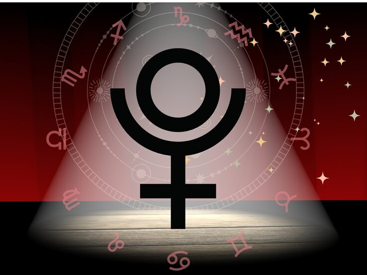 Ein großes, schwarzes Pluto-Symbol steht im Mittelpunkt einer Bühne, die von einem Spotlicht beleuchtet wird. Im Hintergrund sind astrologische Sternzeichen in einem Kreis angeordnet, umgeben von funkelnden Sternen auf einem rot-schwarzen Farbverlauf. Die Szene vermittelt eine mystische und geheimnisvolle Atmosphäre mit astrologischem Bezug.