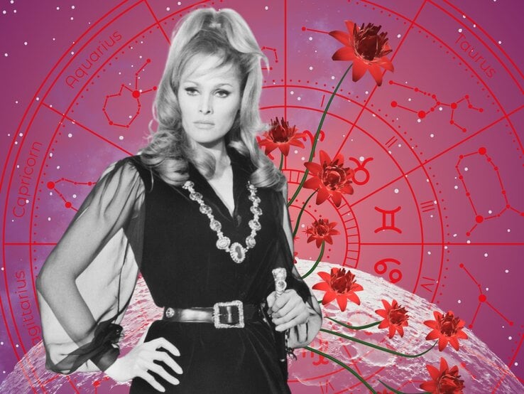 kw-20-wochenhoroskop-12-mai.jpg Stilvolles Porträt einer Frau im Vintage-Look mit Gürtelkleid und opulentem Schmuck, im Vordergrund leuchtend rote Blumen, dahinter der Tierkreis mit Sternzeichen auf pink-violettem Sternenhimmel – steht für Selbstbewusstsein und Schicksalsfragen.