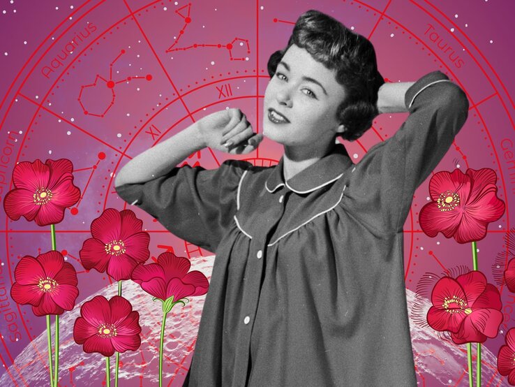 kw-21-wochenhoroskop-19-mai.jpg Retro-Fotografie einer lächelnden Frau im Nachthemd, die sich entspannt streckt. Umgeben von gezeichneten pinken Blüten auf einem astrologischen Hintergrund mit Sternzeichen – steht für Unbeschwertheit und astrologischen Wochenstart.