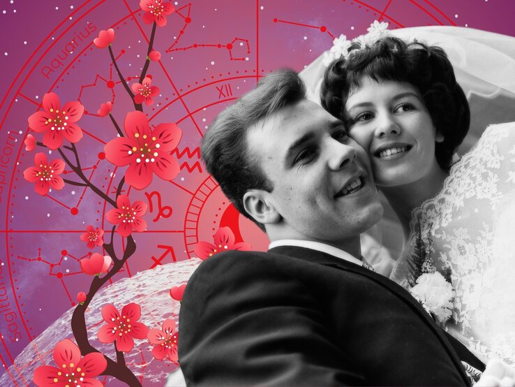 kw-22-liebeshoroskop-26-mai.jpg Hochzeitsfoto eines jungvermählten Paares in Schwarz-Weiß, sie trägt ein Spitzenkleid, beide lächeln glücklich. Im Hintergrund astrologisches Horoskop-Rad und florale Elemente. Symbolbild für Liebe, Partnerschaft und Ehe unter dem Sternzeichen-Einfluss.
