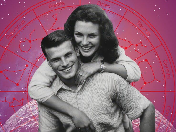 kw-24-flirthoroskop-09-juni.jpg Schwarz-weißes Porträt eines Paares im retro-Stil. Er nimmt sie Huckepack. Im Hintergrund ein pink-violetter Sternenhimmel mit roten astrologischen Symbolen und Tierkreiszeichen.