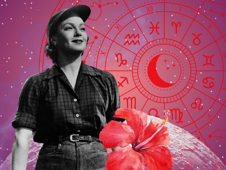 kw-26-jobhoroskop-23-juni.jpg Eine Frau mit Baseballkappe und karierter Bluse steht selbstbewusst vor einem astrologischen Sternenkreis. Sie trägt eine hochsitzende Jeans und schaut nachdenklich zur Seite. Eine rote Hibiskusblüte im Vordergrund betont das feminine, kosmische Thema auf pink-lilafarbenem Hintergrund.