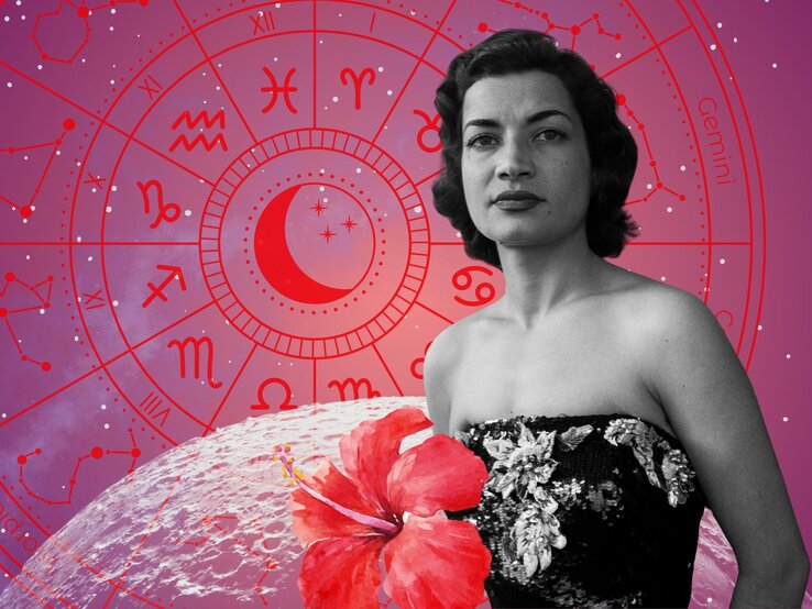 kw-26-wochenhoroskop-23-juni.jpg Eine Frau mit hochgestecktem, dunklem Haar und trägerlosem Paillettenkleid steht vor einem astrologischen Kreis, in dem Mond und Tierkreiszeichen leuchten. Eine große rote Hibiskusblüte im Vordergrund verstärkt den sinnlich-romantischen Charakter des Bildes.
