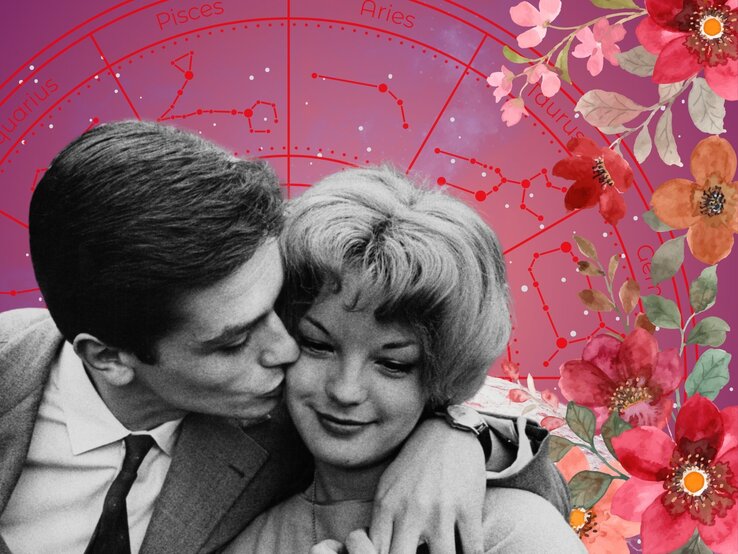 kw-27-flirthoroskop-30-juni.jpg Romantisches Retro-Foto eines jungen Paares: Ein Mann in Anzug und Krawatte küsst eine lächelnde Frau auf die Wange, die sich an ihn lehnt. Im Hintergrund ist ein pink-violetter Sternenhimmel mit astrologischen Sternzeichen wie Pisces, Aries und Taurus zu sehen. Umrahmt wird die Szene von farbenfrohen Blumenillustrationen in Rot, Rosa und Orange – eine verspielte Mischung aus Nostalgie, Liebe und Astrologie.